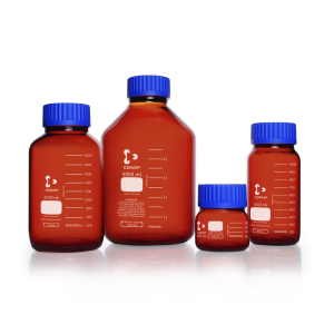 DURAN® GLS 80® Laboratory bottle, wide mouth, amber, GLS 80 thread, graduated, with screw cap and pouring ring from PP (blue)
